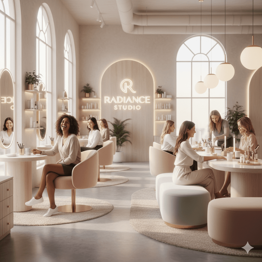 Diverse beauty professionals styling clients in a modern studio